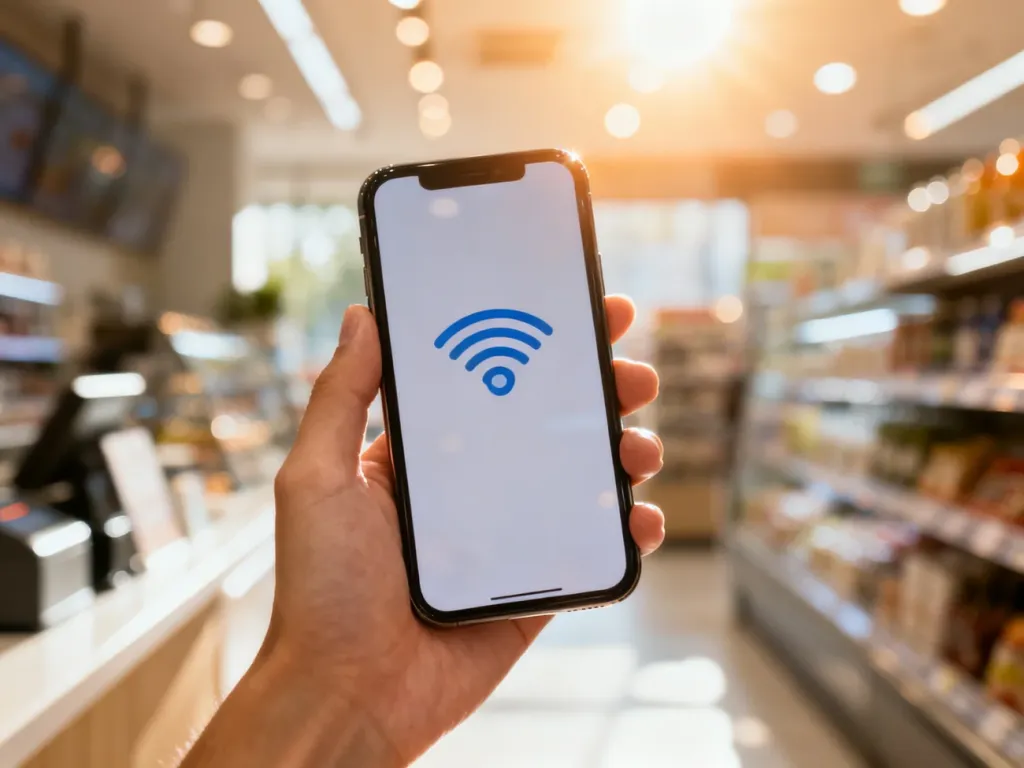 Dłoń trzymająca smartfon z ikoną płatności zbliżeniowych na ekranie na tle sklepu.