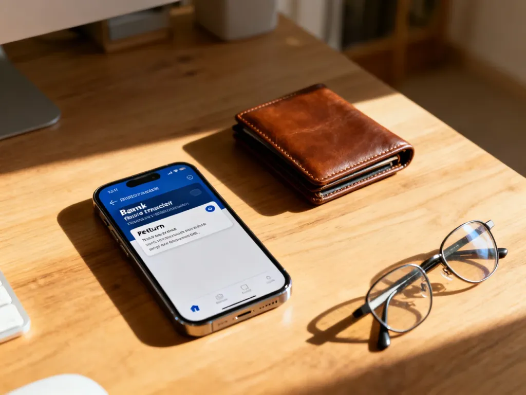Smartfon na biurku z powiadomieniem o zwrocie przelewu, obok portfel i okulary w domowym biurze.