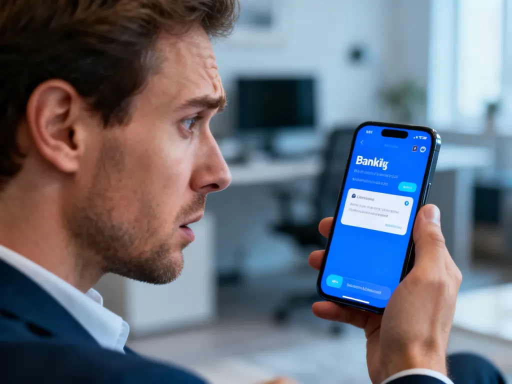 Zdezorientowany mężczyzna sprawdza powiadomienie z aplikacji bankowej na smartfonie w nowoczesnym biurze.
