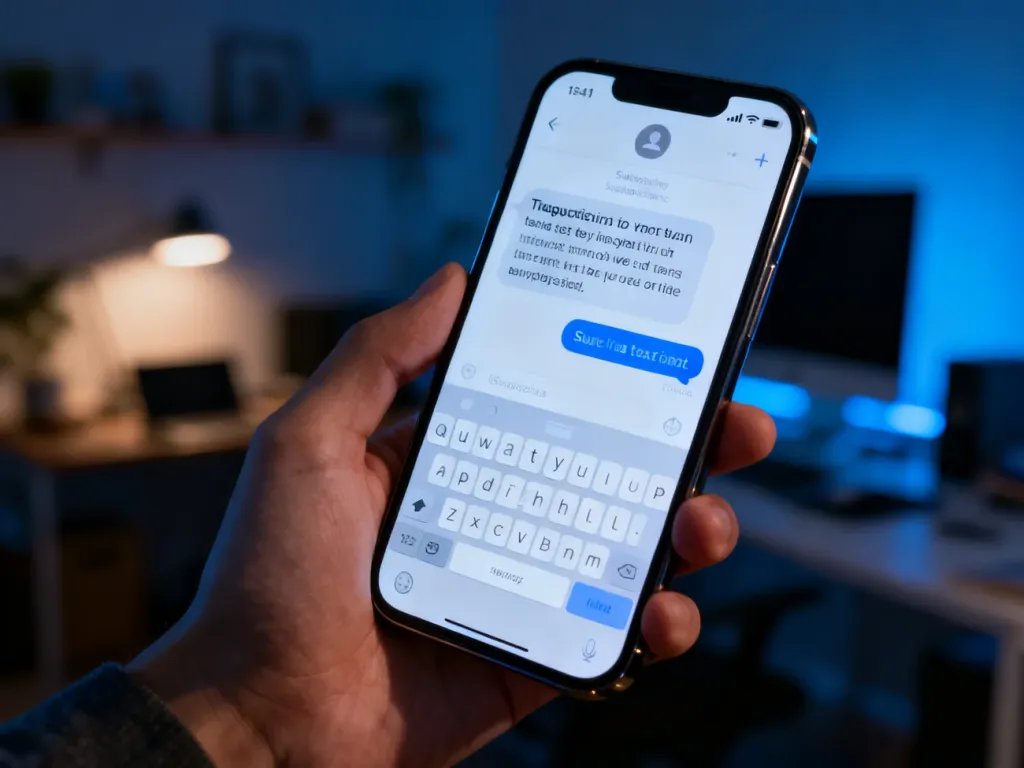 Smartfon trzymany w dłoni z powiadomieniem o podejrzanej wiadomości SMS, ostrzegający przed próbą oszustwa bankowego.