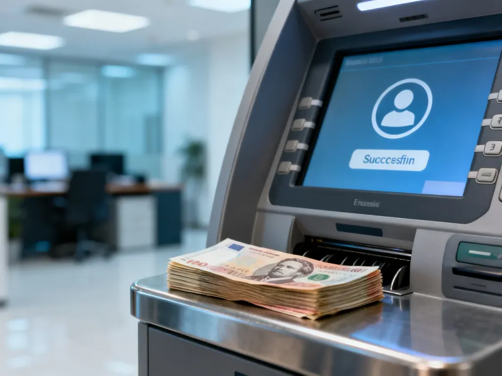 Ekran bankomatu z ikoną udanej transakcji oraz stos gotówki na półce urządzenia w nowoczesnym wnętrzu banku.
