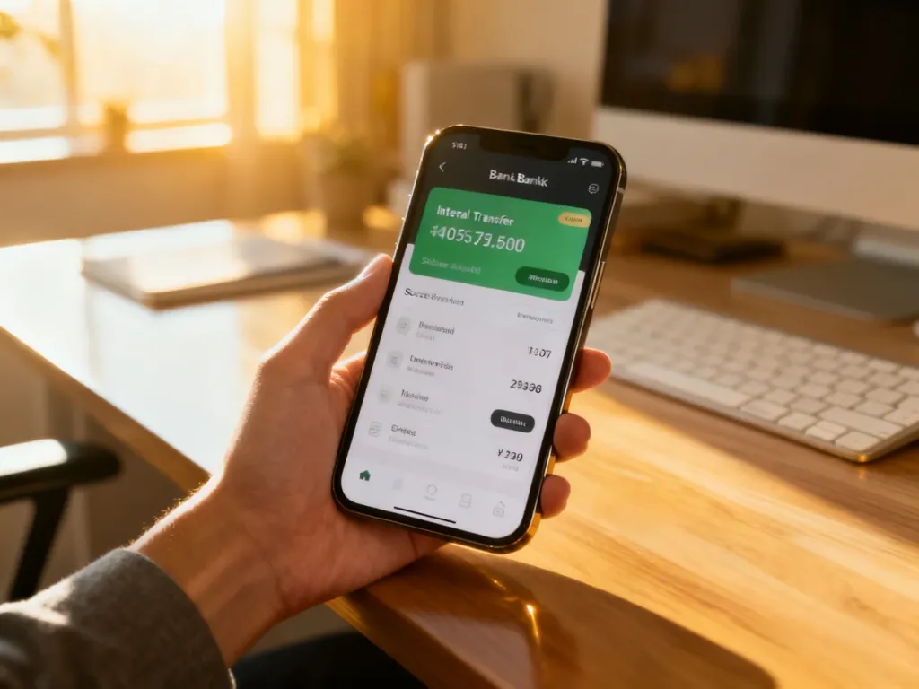 Smartfon z otwartą aplikacją bankową prezentującą potwierdzenie udanego przelewu wewnętrznego na drewnianym biurku.
