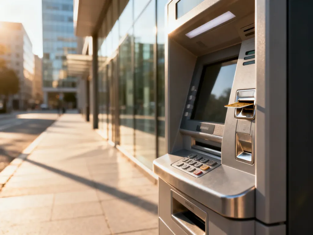 Nowoczesny bankomat na słonecznej ulicy, z widocznym zbliżeniem na czytnik kart i klawiaturę.