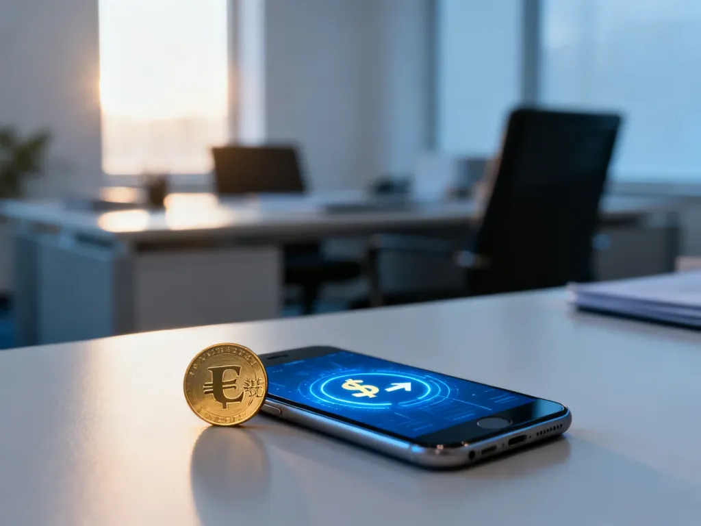 Smartfon z ikoną przelewu pieniężnego oraz moneta euro na biurku, symbolizujące szybki transfer środków z Belgii do Polski.