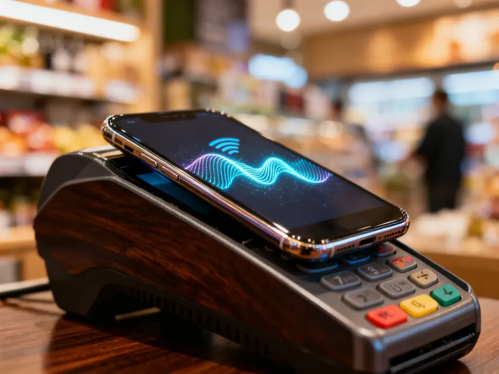 Smartfon zbliżony do terminala płatniczego, symbolizujący proces płatności zbliżeniowej BLIK.