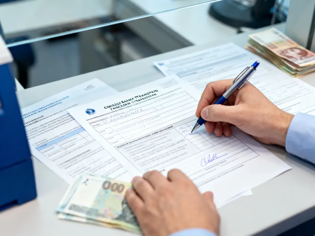 Osoba wypełniająca papierowy formularz przelewu przy stanowisku obsługi