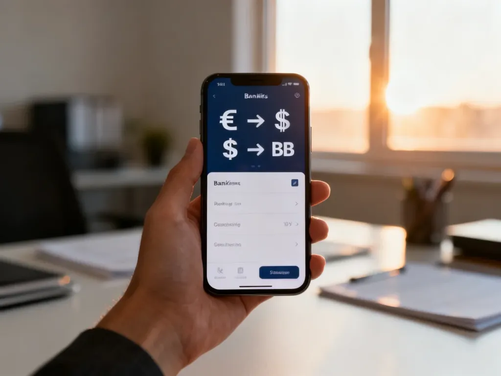 Smartfon z aplikacją bankową wyświetlającą symbole walut EUR, USD i GBP w nowoczesnym domowym biurze.