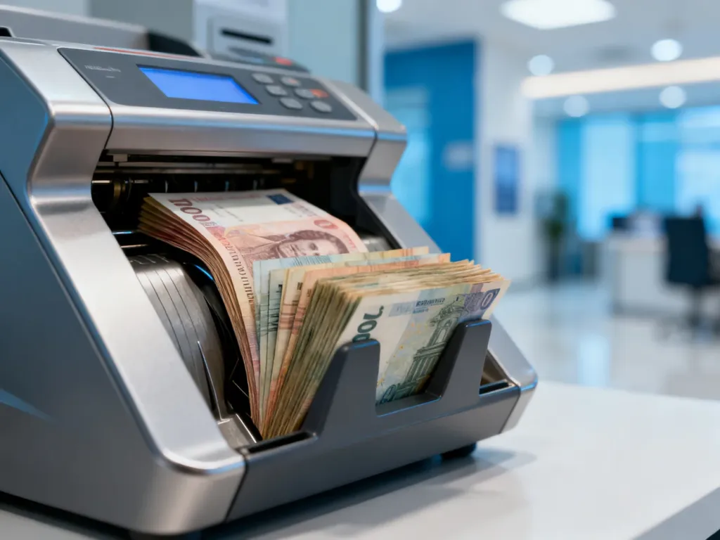 Szczelina wpłatomatu przyjmująca plik banknotów w nowoczesnym wnętrzu banku.