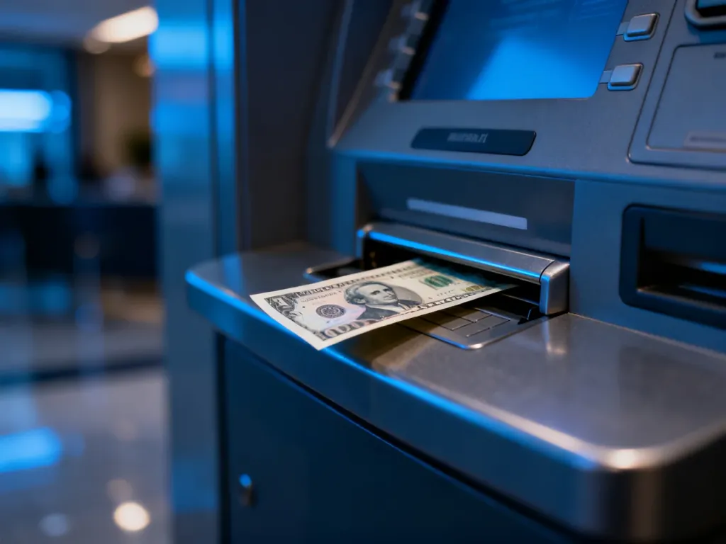 Banknot zablokowany w szczelinie bankomatu w nowoczesnym lobby bankowym.