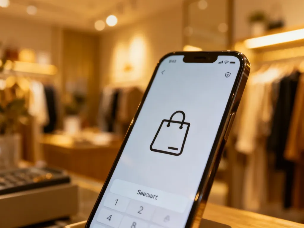 Ekran smartfona z ikoną zakupów na tle przytulnego butiku, symbolizujący nowoczesne i bezpieczne płatności mobilne.