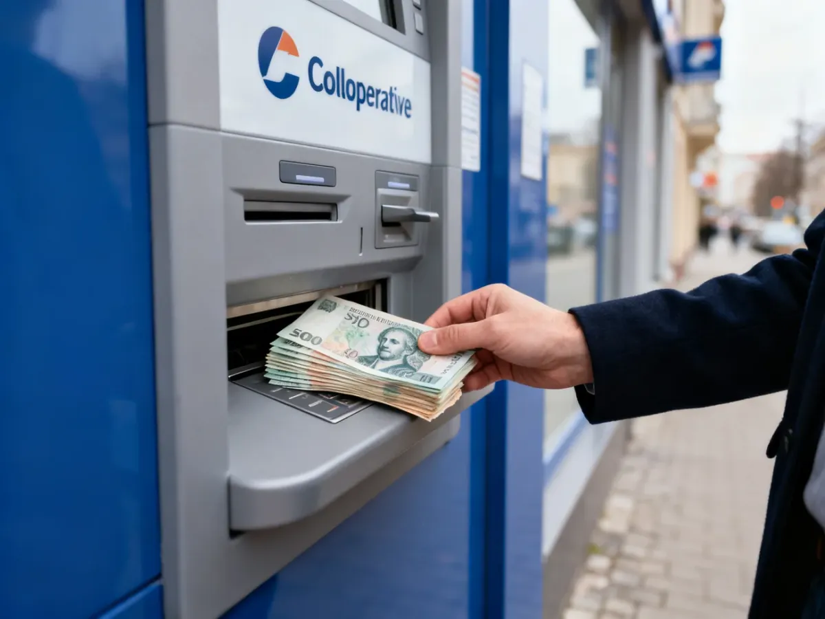 Klient wpłacający banknoty do wpłatomatu przed oddziałem banku